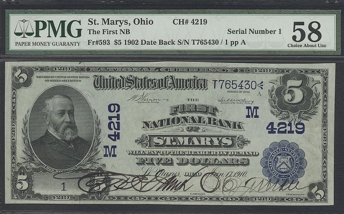 St_%20Marys,%20OH,%20Ch_4219,%20Fr_593,%201902DB%20$5%20Serial%20No%201,%20PMG-58(1000).jpg